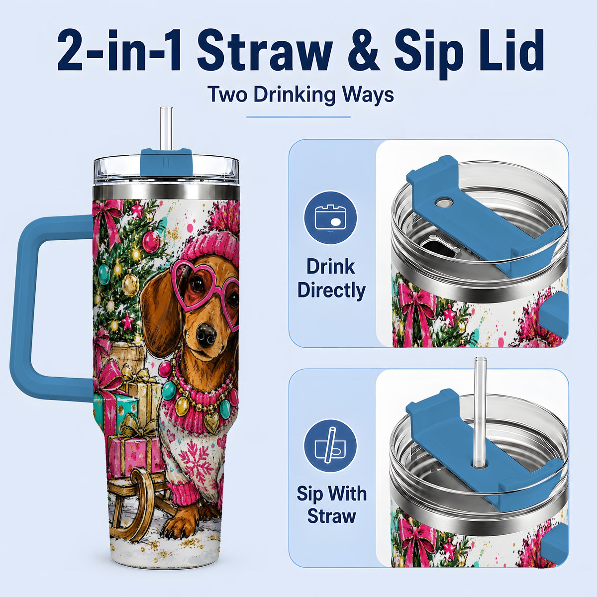 #pl[40oz|Blue] Colorful Christmas Dachshund 40oz Tumbler, Festive Dog Art Drinkware