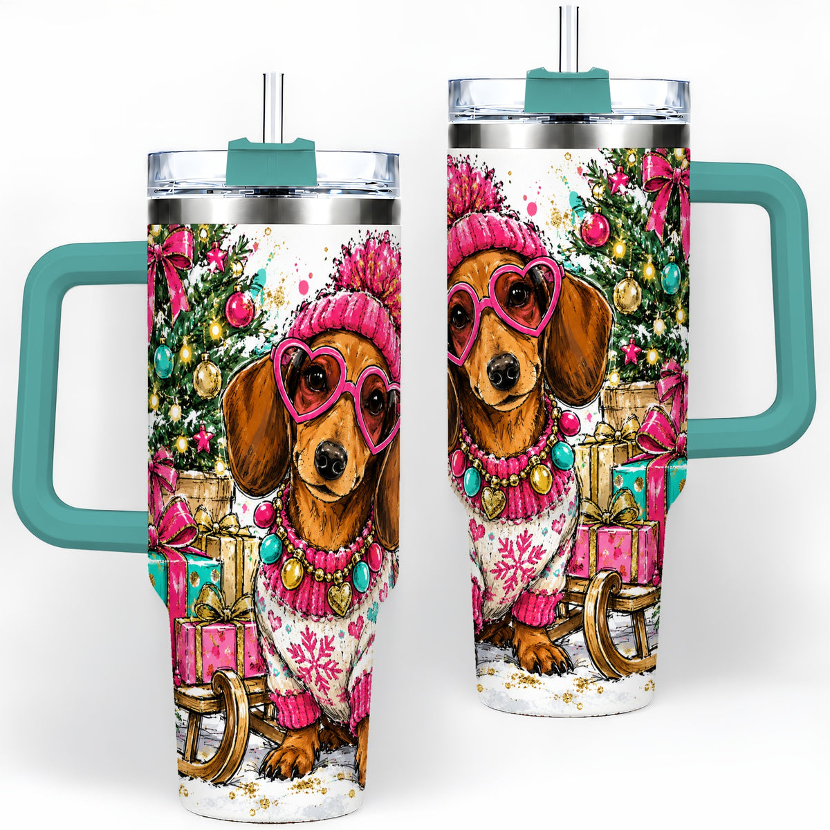 #pl[40oz|Green] Colorful Christmas Dachshund 40oz Tumbler, Festive Dog Art Drinkware