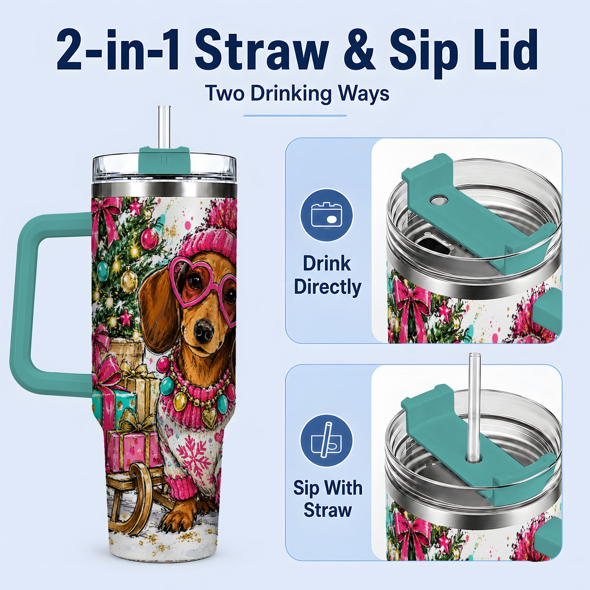 #pl[40oz|Green] Colorful Christmas Dachshund 40oz Tumbler, Festive Dog Art Drinkware