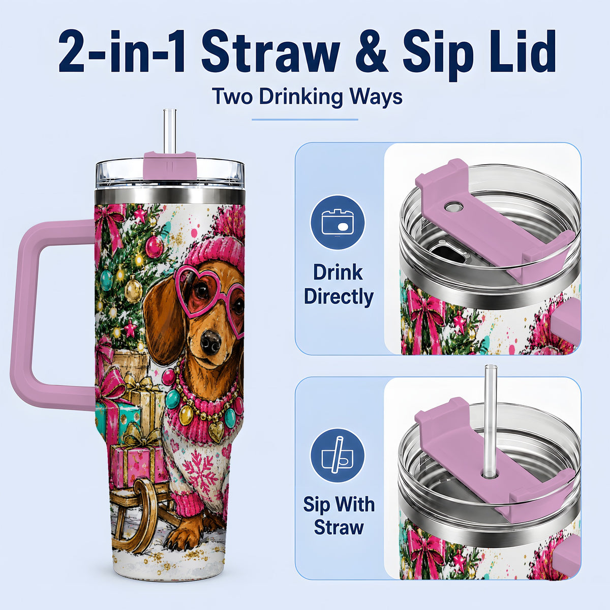#pl[40oz|Pink] Colorful Christmas Dachshund 40oz Tumbler, Festive Dog Art Drinkware