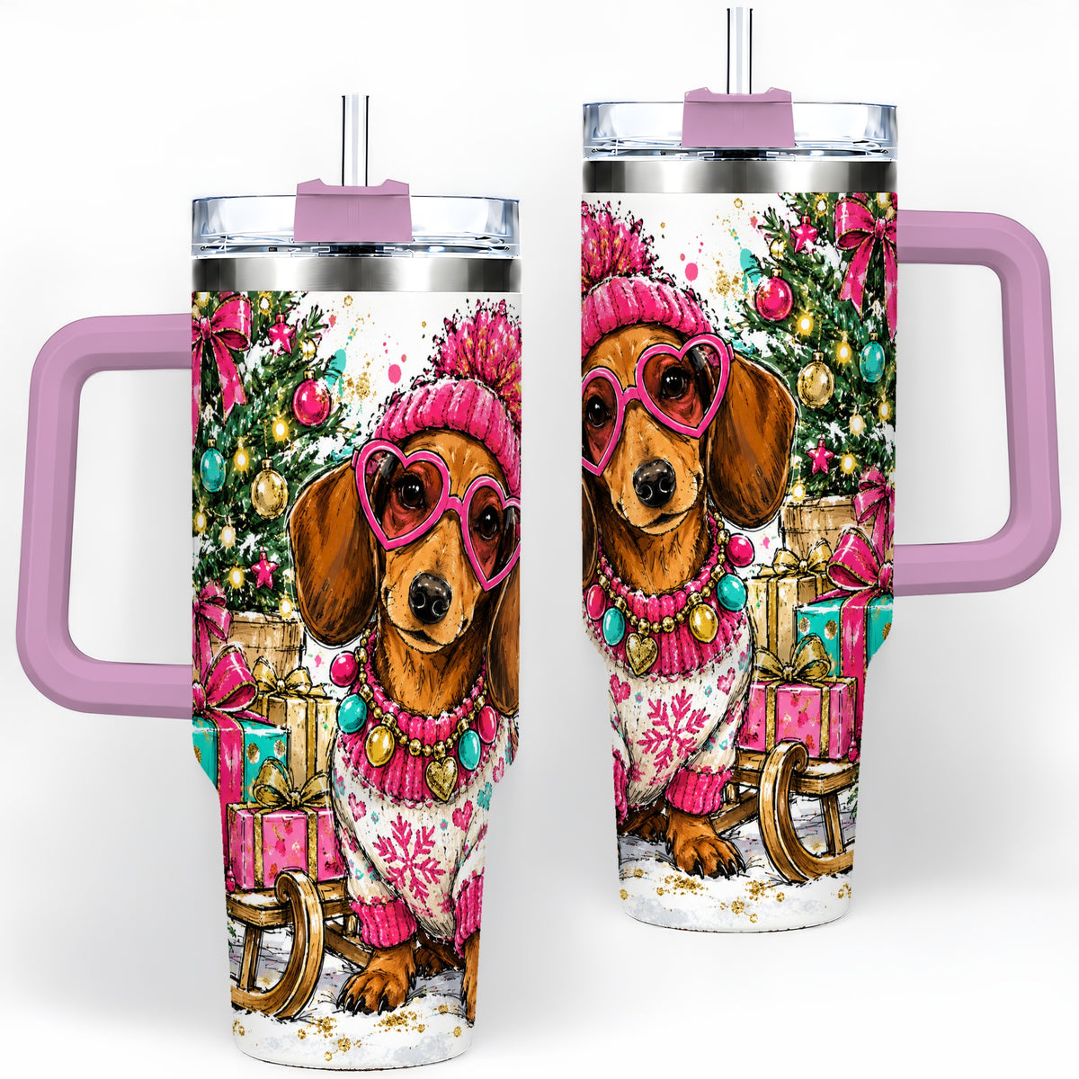 #pl[40oz|Pink] Colorful Christmas Dachshund 40oz Tumbler, Festive Dog Art Drinkware