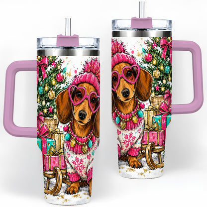 #pl[40oz|Pink] Colorful Christmas Dachshund 40oz Tumbler, Festive Dog Art Drinkware