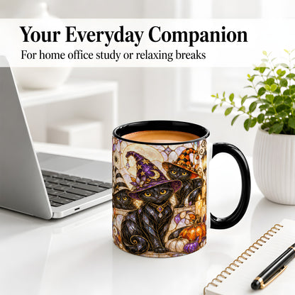 #pl[11oz|Black] Halloween Black Cat Accent Mug, Witch Hat Pumpkin Moon Design