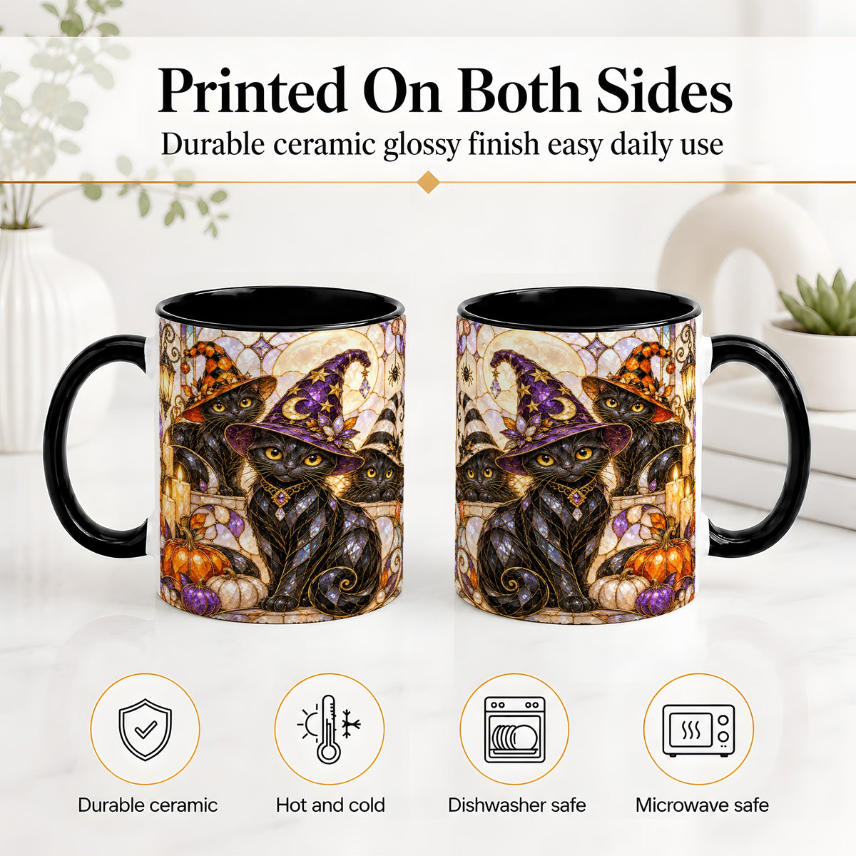 #pl[11oz|Black] Halloween Black Cat Accent Mug, Witch Hat Pumpkin Moon Design