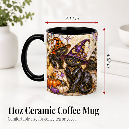 #pl[11oz|Black] Halloween Black Cat Accent Mug, Witch Hat Pumpkin Moon Design