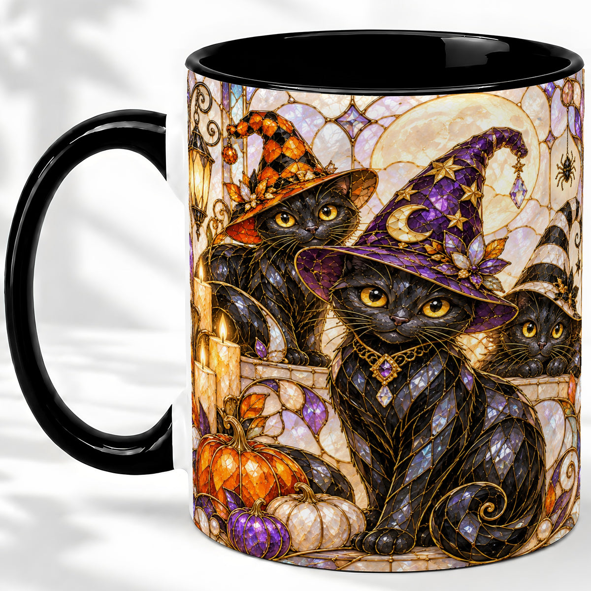 #pl[11oz|Black] Halloween Black Cat Accent Mug, Witch Hat Pumpkin Moon Design