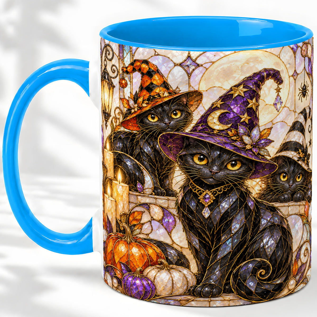 #pl[11oz|Blue] Halloween Black Cat Accent Mug, Witch Hat Pumpkin Moon Design