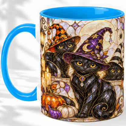 #pl[11oz|Blue] Halloween Black Cat Accent Mug, Witch Hat Pumpkin Moon Design