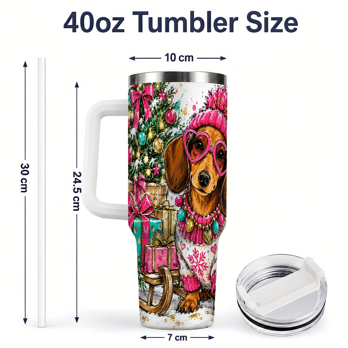 #pl[40oz|White] Colorful Christmas Dachshund 40oz Tumbler, Festive Dog Art Drinkware