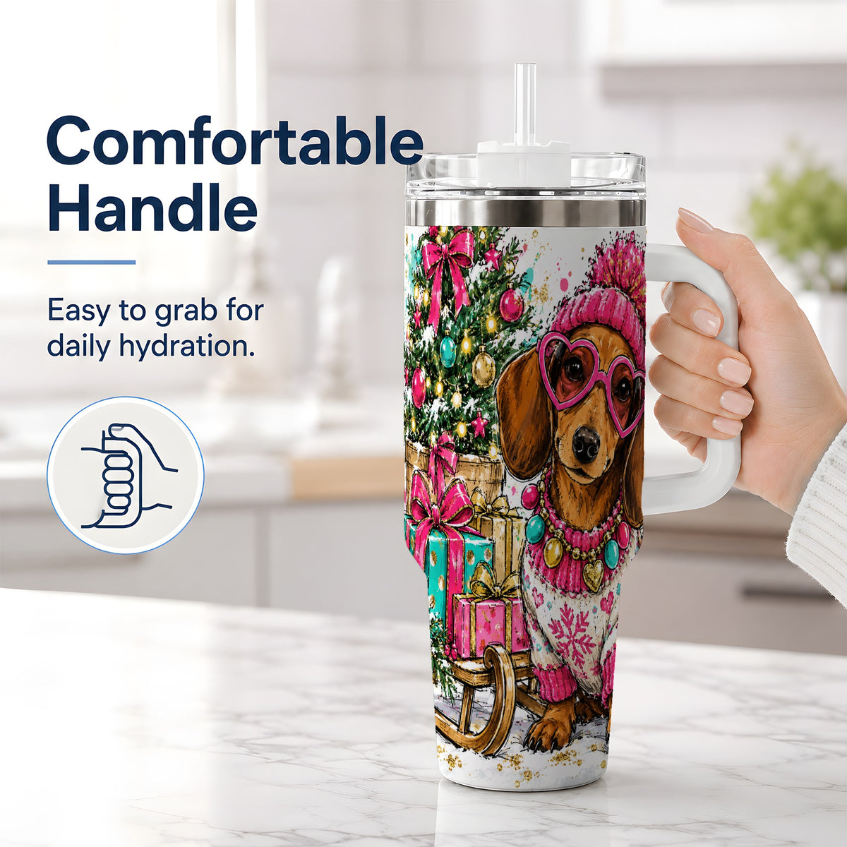 #pl[40oz|White] Colorful Christmas Dachshund 40oz Tumbler, Festive Dog Art Drinkware