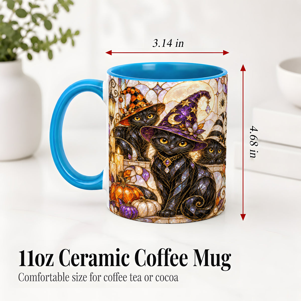 #pl[11oz|Blue] Halloween Black Cat Accent Mug, Witch Hat Pumpkin Moon Design