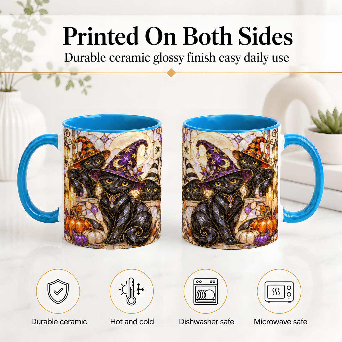 #pl[11oz|Blue] Halloween Black Cat Accent Mug, Witch Hat Pumpkin Moon Design