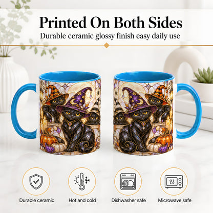 #pl[11oz|Blue] Halloween Black Cat Accent Mug, Witch Hat Pumpkin Moon Design