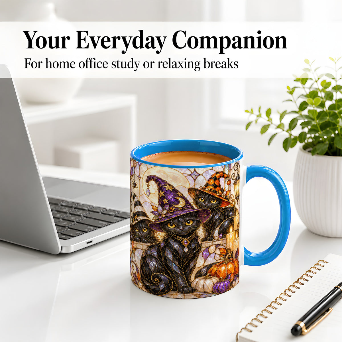 #pl[11oz|Blue] Halloween Black Cat Accent Mug, Witch Hat Pumpkin Moon Design