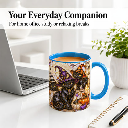 #pl[11oz|Blue] Halloween Black Cat Accent Mug, Witch Hat Pumpkin Moon Design
