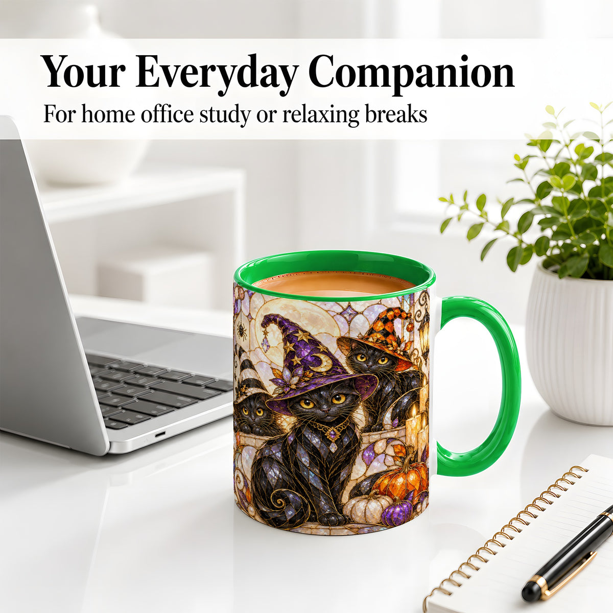 #pl[11oz|Green] Halloween Black Cat Accent Mug, Witch Hat Pumpkin Moon Design