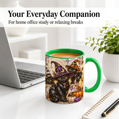 #pl[11oz|Green] Halloween Black Cat Accent Mug, Witch Hat Pumpkin Moon Design