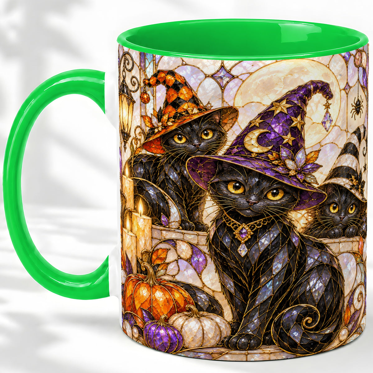 #pl[11oz|Green] Halloween Black Cat Accent Mug, Witch Hat Pumpkin Moon Design