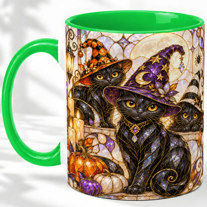 #pl[11oz|Green] Halloween Black Cat Accent Mug, Witch Hat Pumpkin Moon Design