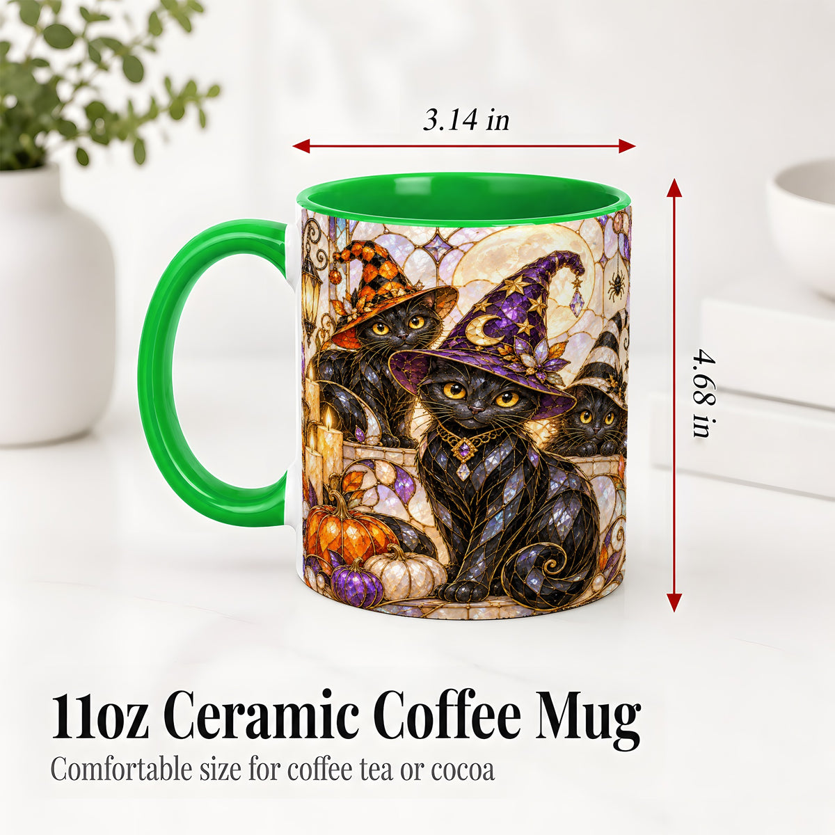 #pl[11oz|Green] Halloween Black Cat Accent Mug, Witch Hat Pumpkin Moon Design
