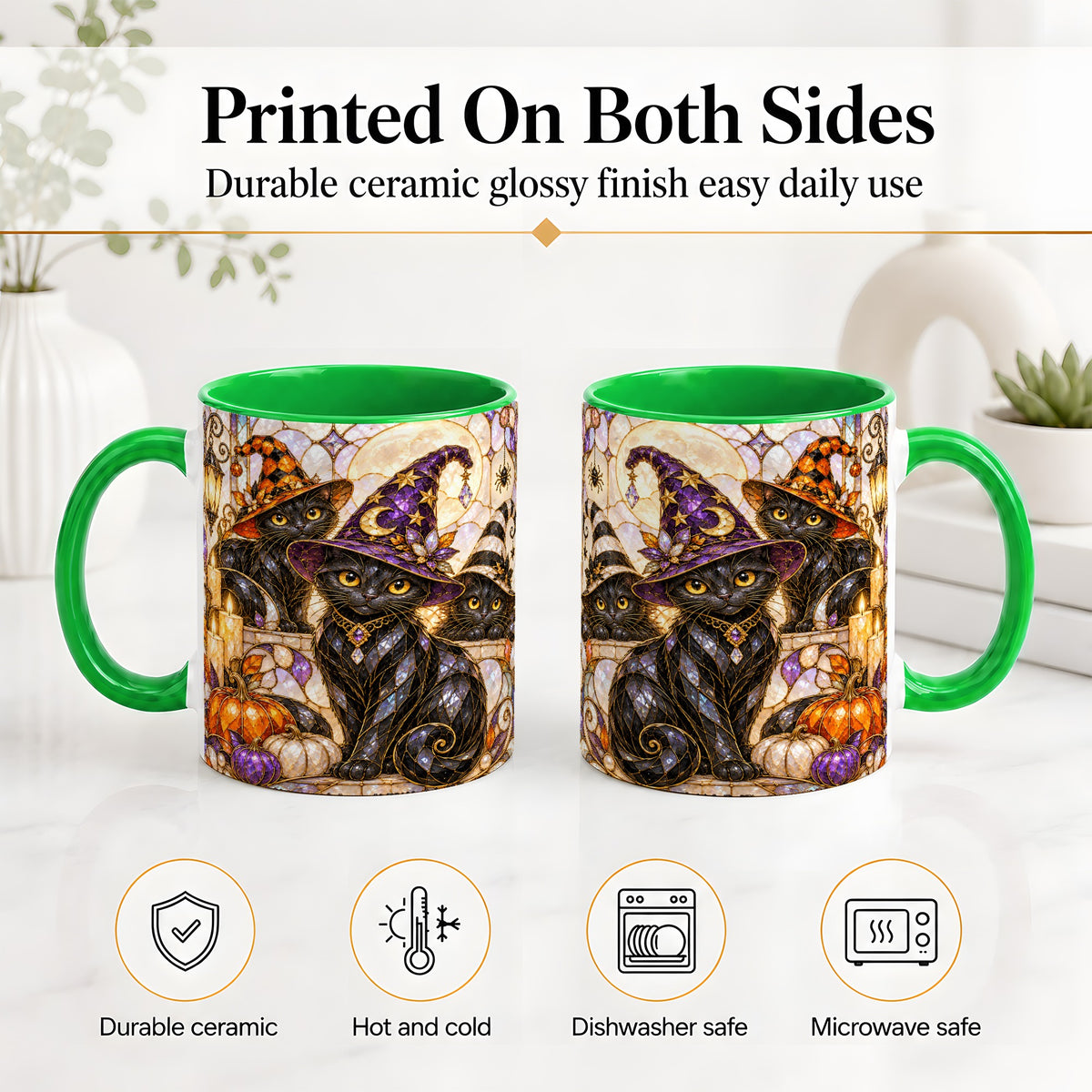 #pl[11oz|Green] Halloween Black Cat Accent Mug, Witch Hat Pumpkin Moon Design