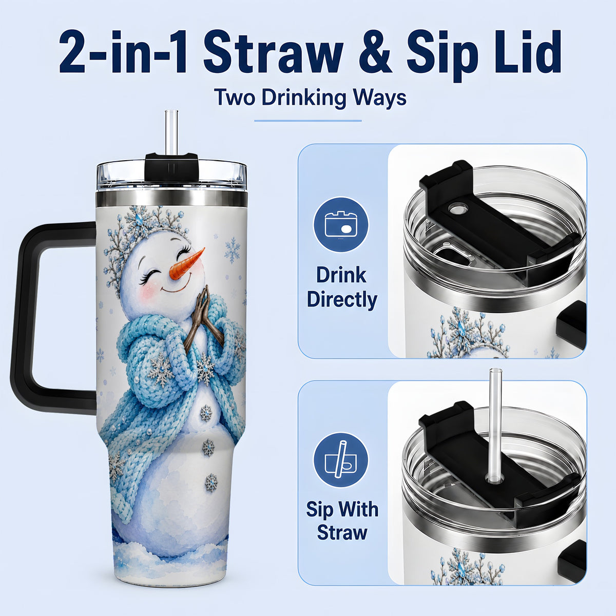#pl[40oz|Black] Winter Snowman 40oz Tumbler, Blue Snowflake Artwork for Seasonal Use