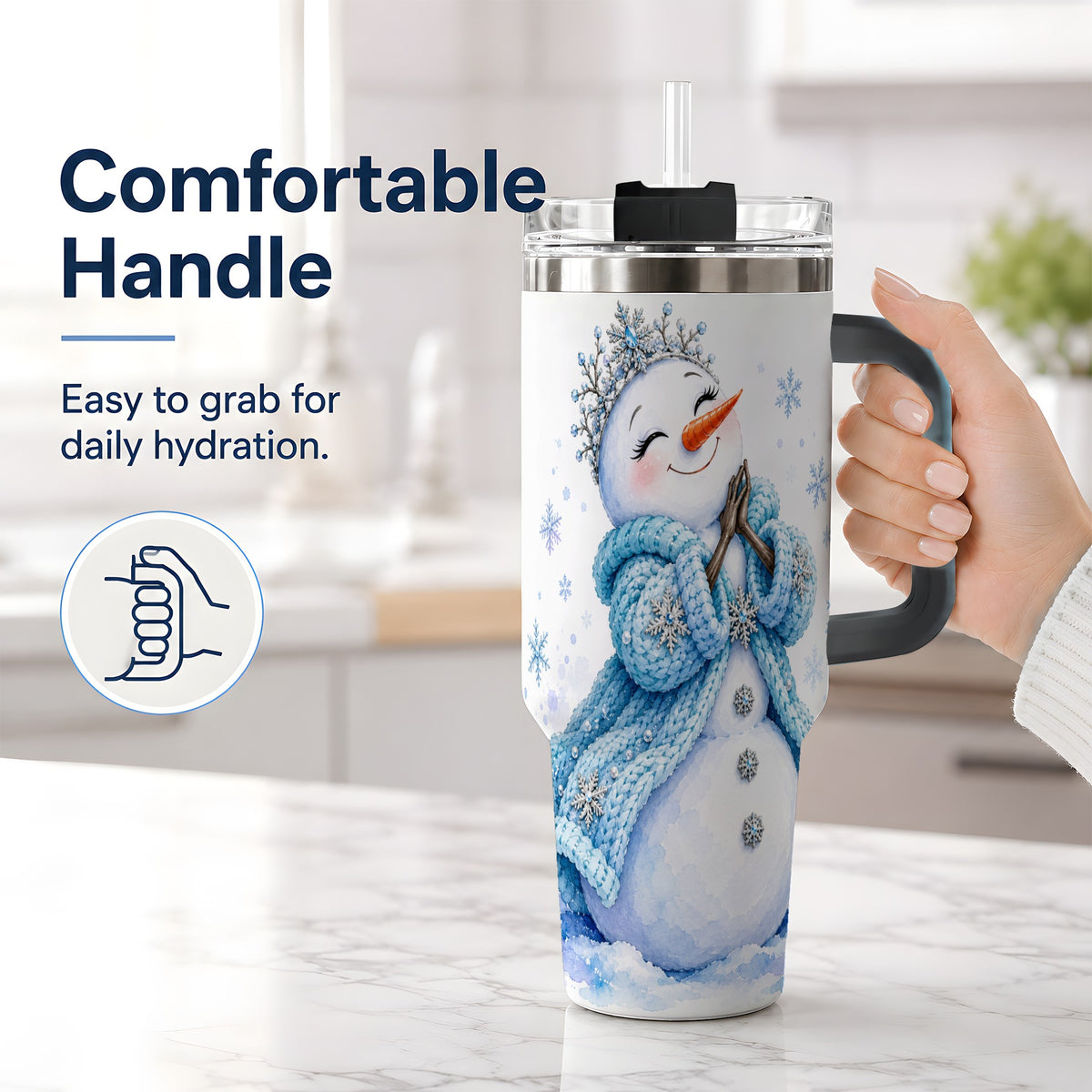 #pl[40oz|Black] Winter Snowman 40oz Tumbler, Blue Snowflake Artwork for Seasonal Use