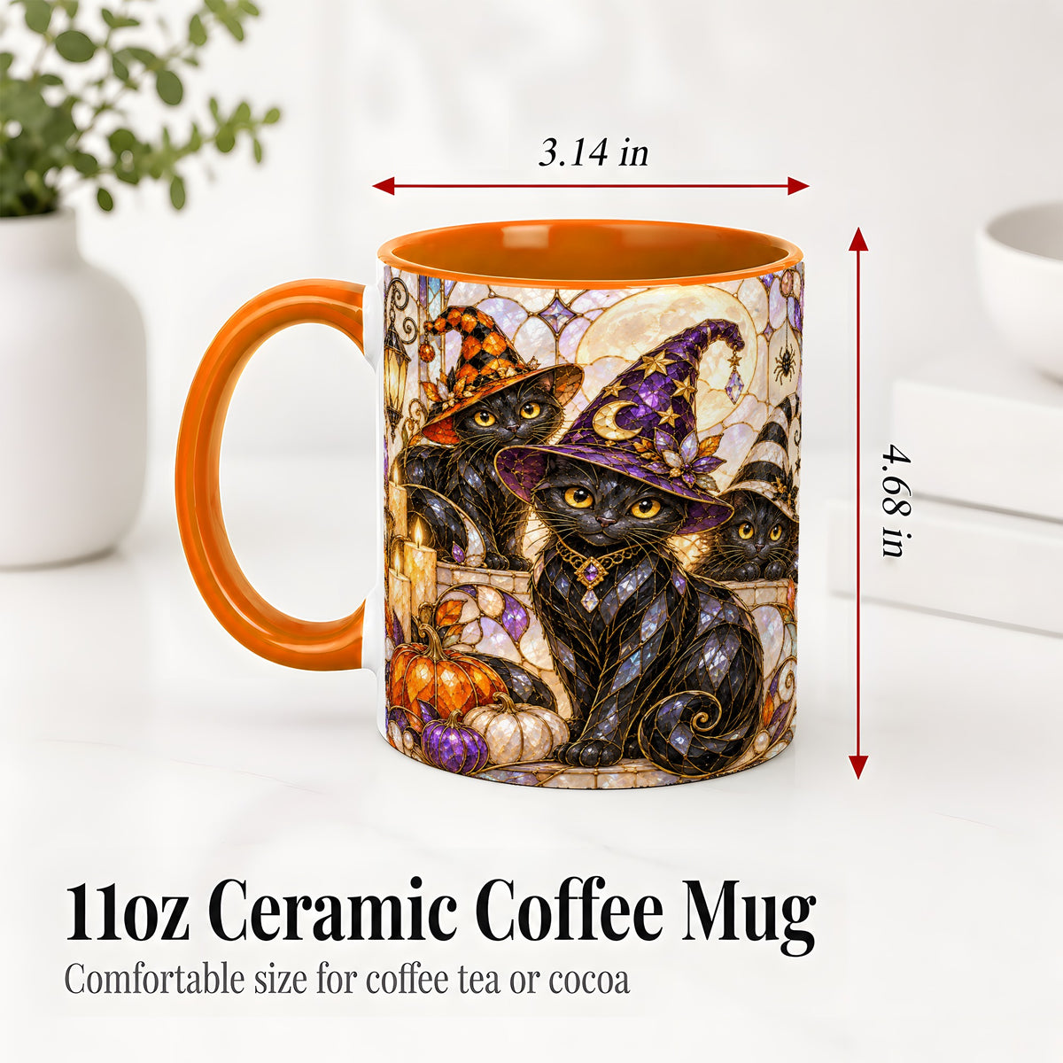 #pl[11oz|Orange] Halloween Black Cat Accent Mug, Witch Hat Pumpkin Moon Design