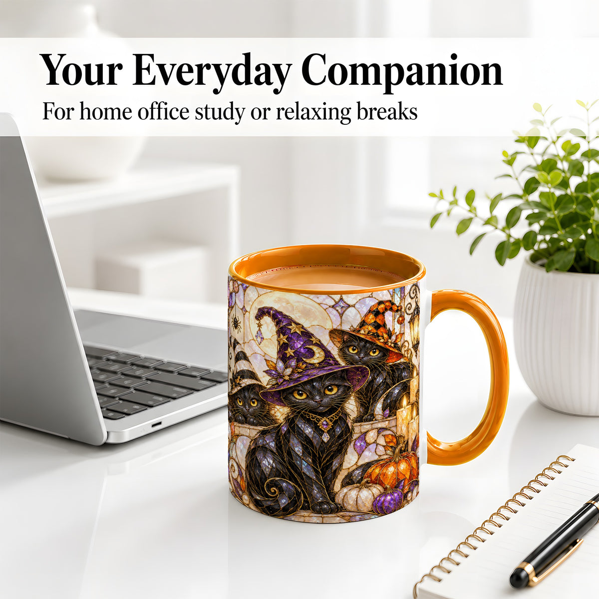 #pl[11oz|Orange] Halloween Black Cat Accent Mug, Witch Hat Pumpkin Moon Design