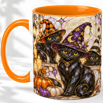 #pl[11oz|Orange] Halloween Black Cat Accent Mug, Witch Hat Pumpkin Moon Design