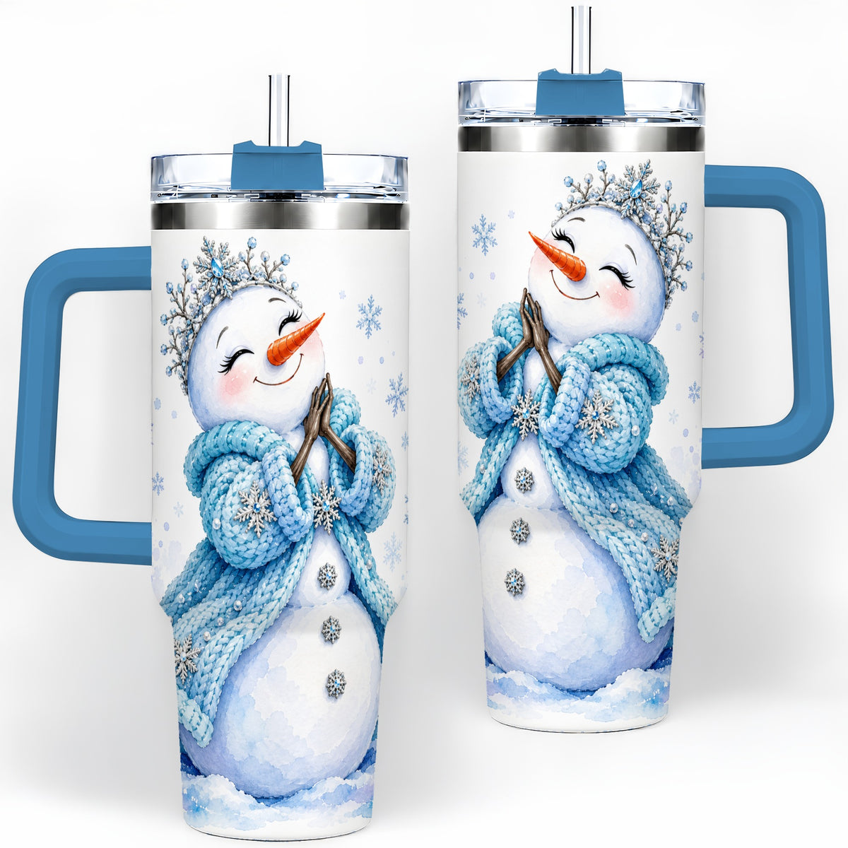 #pl[40oz|Blue] Winter Snowman 40oz Tumbler, Blue Snowflake Artwork for Seasonal Use