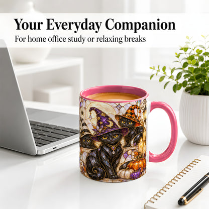 #pl[11oz|Pink] Halloween Black Cat Accent Mug, Witch Hat Pumpkin Moon Design