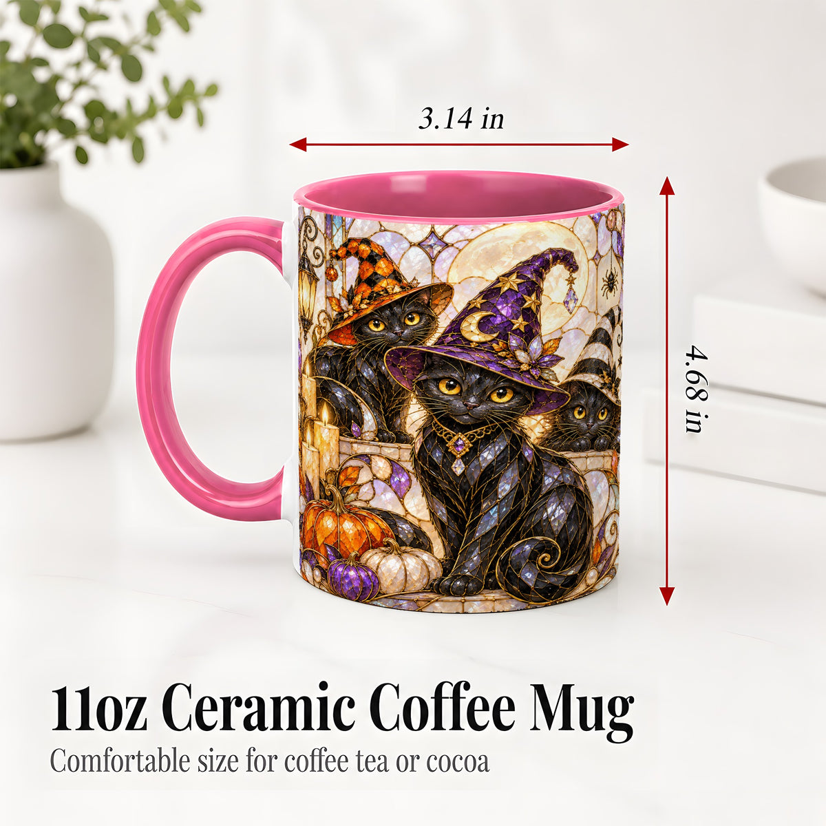 #pl[11oz|Pink] Halloween Black Cat Accent Mug, Witch Hat Pumpkin Moon Design