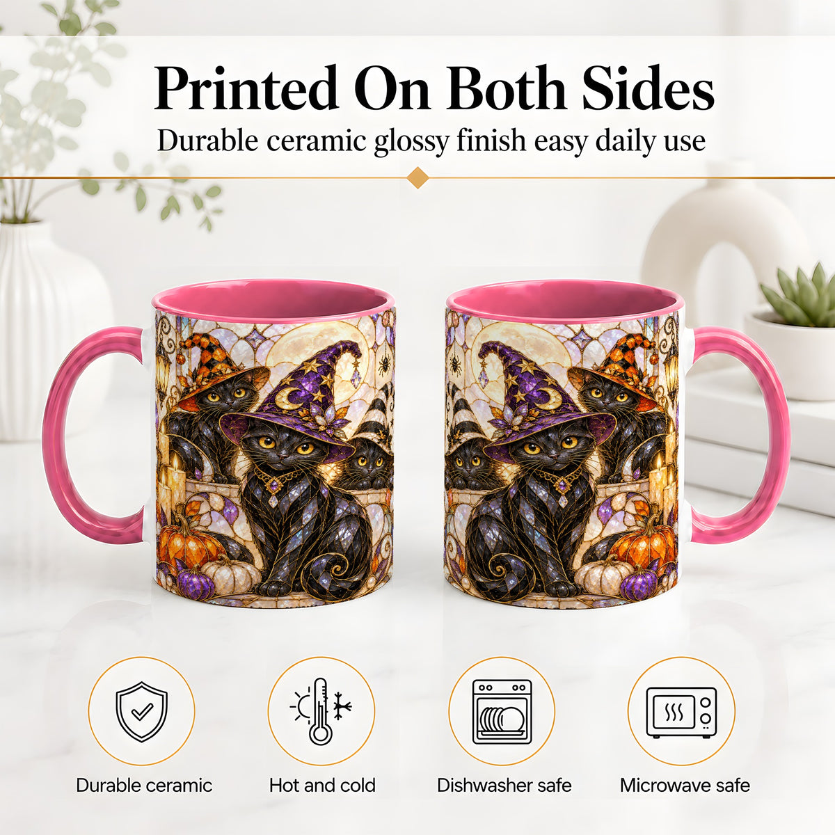 #pl[11oz|Pink] Halloween Black Cat Accent Mug, Witch Hat Pumpkin Moon Design