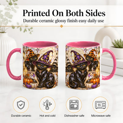 #pl[11oz|Pink] Halloween Black Cat Accent Mug, Witch Hat Pumpkin Moon Design