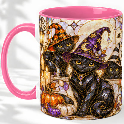 #pl[11oz|Pink] Halloween Black Cat Accent Mug, Witch Hat Pumpkin Moon Design