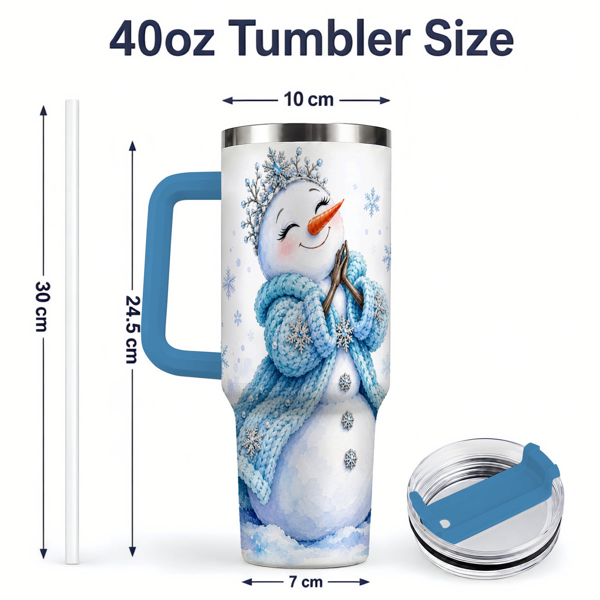 #pl[40oz|Blue] Winter Snowman 40oz Tumbler, Blue Snowflake Artwork for Seasonal Use