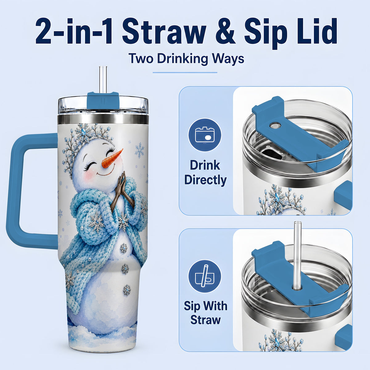 #pl[40oz|Blue] Winter Snowman 40oz Tumbler, Blue Snowflake Artwork for Seasonal Use
