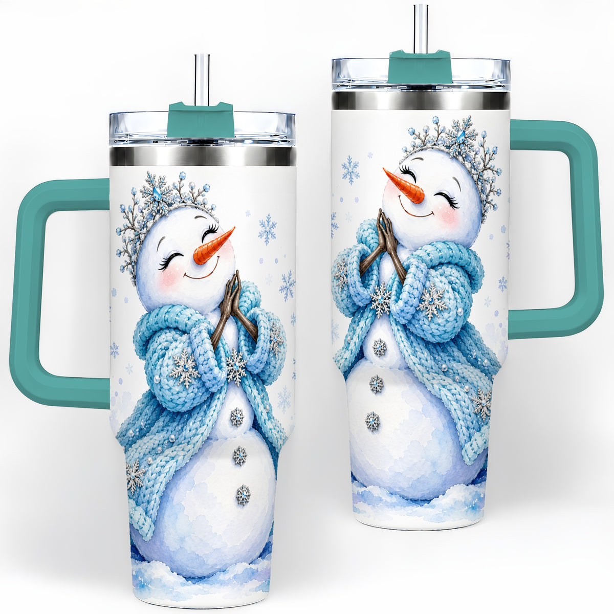 #pl[40oz|Green] Winter Snowman 40oz Tumbler, Blue Snowflake Artwork for Seasonal Use