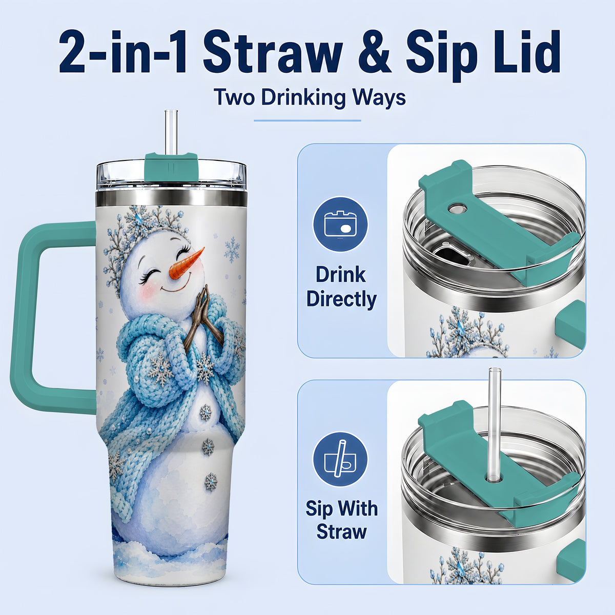 #pl[40oz|Green] Winter Snowman 40oz Tumbler, Blue Snowflake Artwork for Seasonal Use