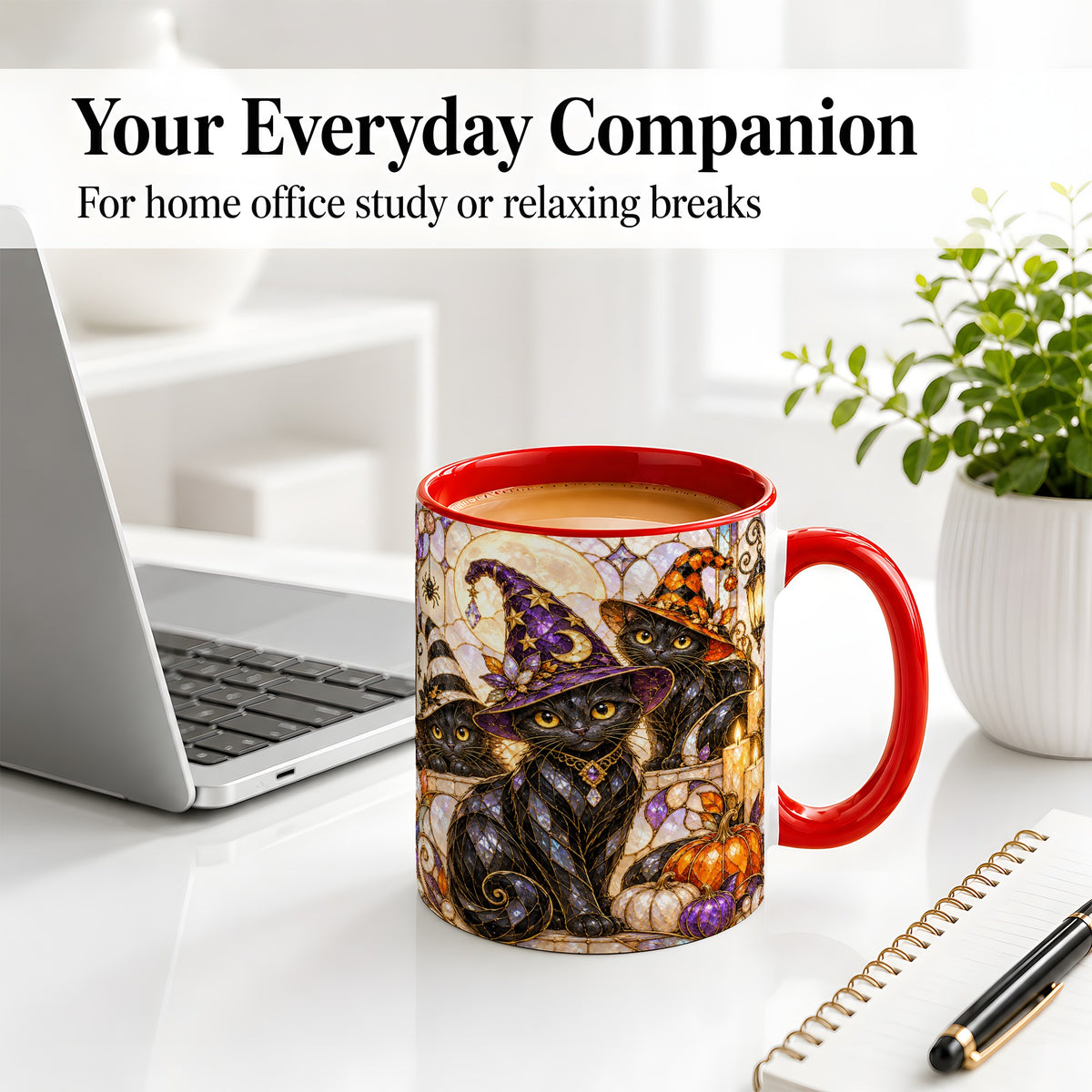 #pl[11oz|Red] Halloween Black Cat Accent Mug, Witch Hat Pumpkin Moon Design