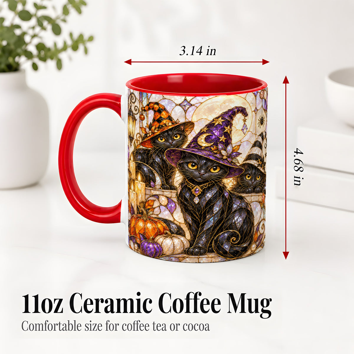 #pl[11oz|Red] Halloween Black Cat Accent Mug, Witch Hat Pumpkin Moon Design
