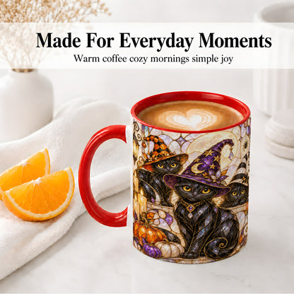 #pl[11oz|Red] Halloween Black Cat Accent Mug, Witch Hat Pumpkin Moon Design