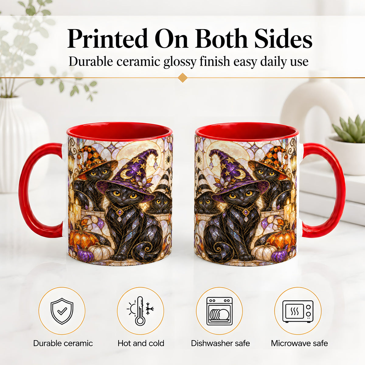 #pl[11oz|Red] Halloween Black Cat Accent Mug, Witch Hat Pumpkin Moon Design