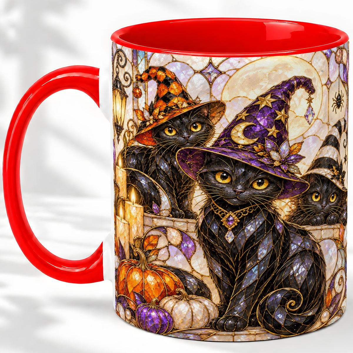 Halloween Black Cat Accent Mug, Witch Hat Pumpkin Moon Design