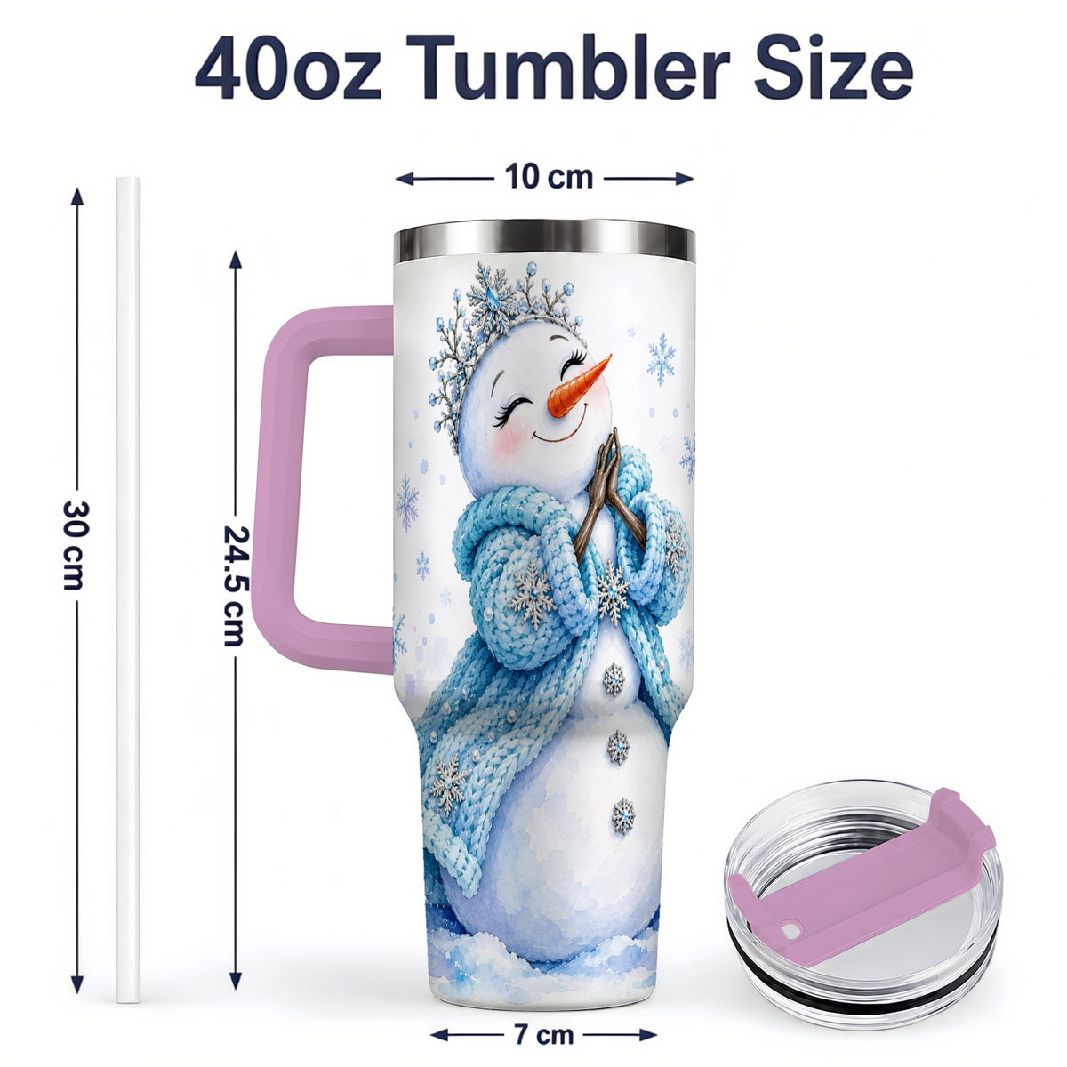 #pl[40oz|Pink] Winter Snowman 40oz Tumbler, Blue Snowflake Artwork for Seasonal Use
