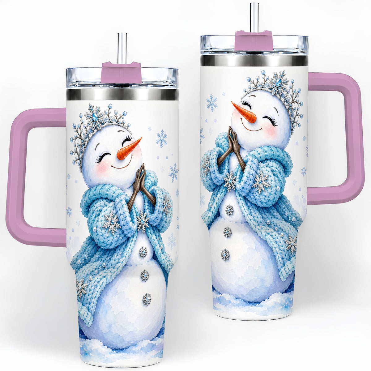 #pl[40oz|Pink] Winter Snowman 40oz Tumbler, Blue Snowflake Artwork for Seasonal Use