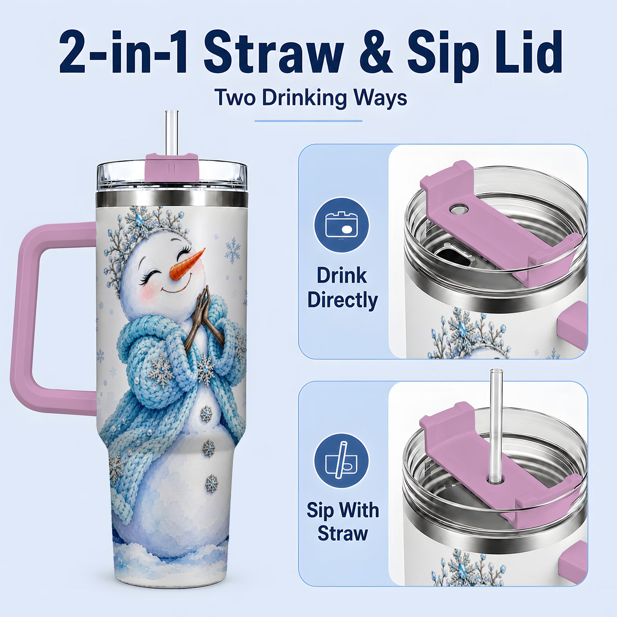 #pl[40oz|Pink] Winter Snowman 40oz Tumbler, Blue Snowflake Artwork for Seasonal Use