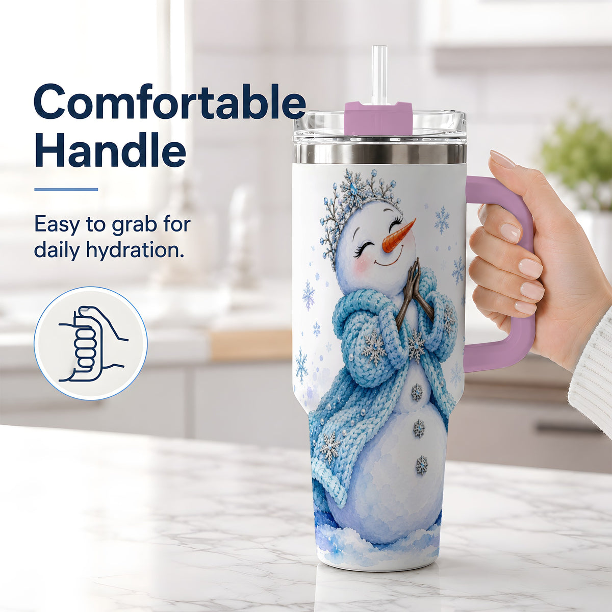 #pl[40oz|Pink] Winter Snowman 40oz Tumbler, Blue Snowflake Artwork for Seasonal Use