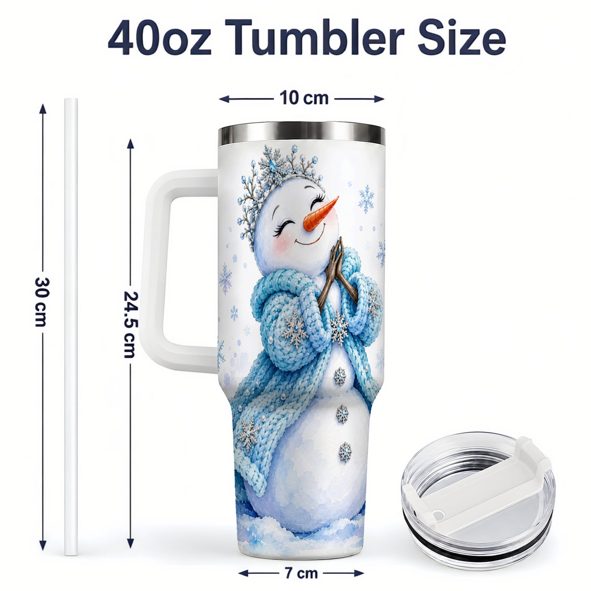 #pl[40oz|White] Winter Snowman 40oz Tumbler, Blue Snowflake Artwork for Seasonal Use